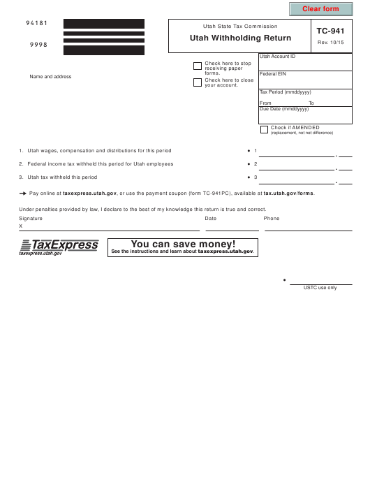 Form TC 941 Download Fillable PDF Or Fill Online Utah Withholding 