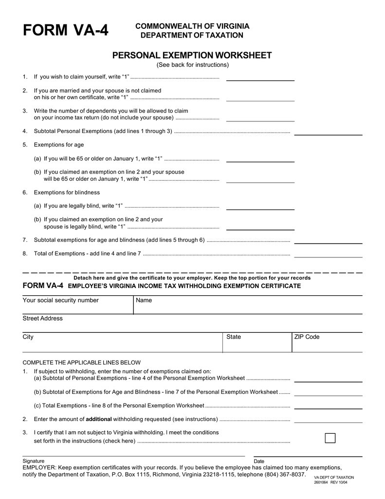 Form VA 4 Employee s Virginia Income Tax Withholding