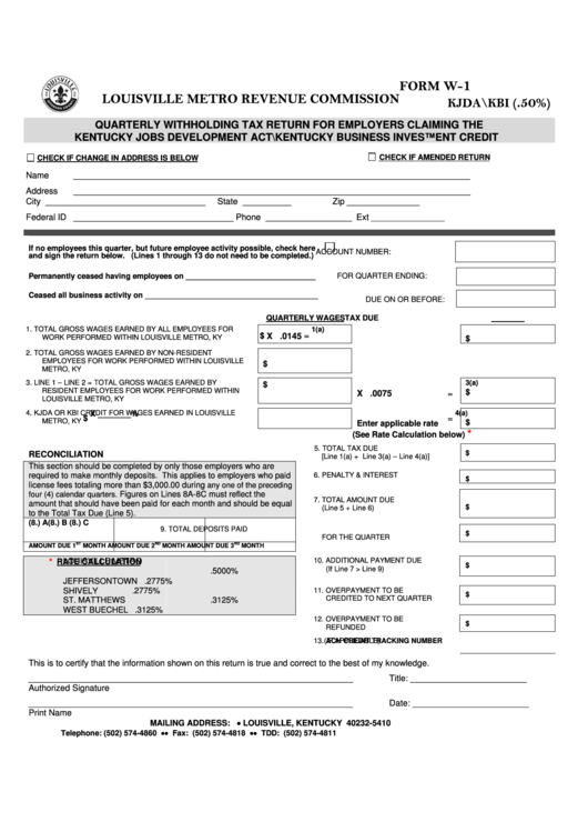 Form W 1 Quarterly Withholding Tax Return For Employers Claiming The 