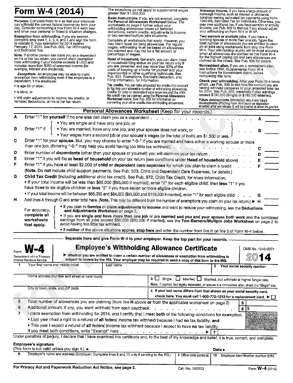 Form W 4 Employee S Withholding Allowance Certificate Internal 