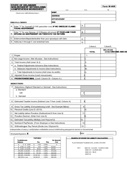 Form W 4nr State Of Delaware Non Resident Withholding Computation