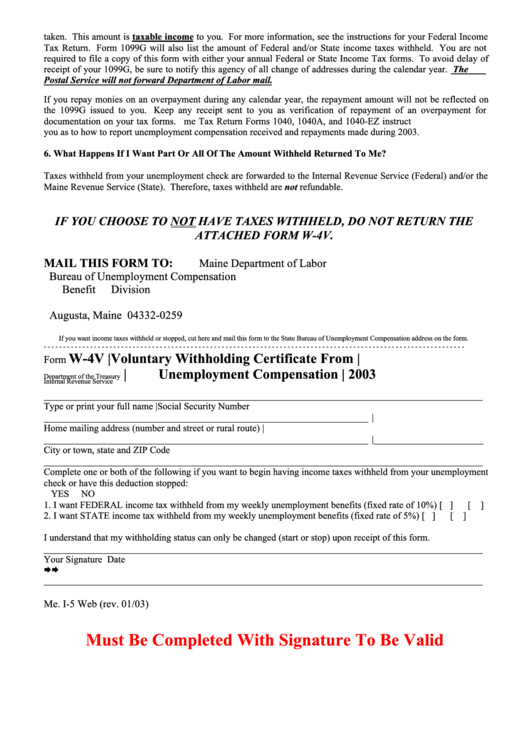 Form W 4v Voluntary Withholding Certificate From Unemployment 