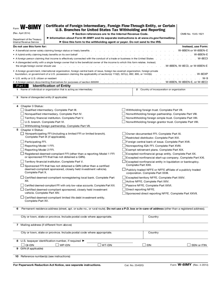 Form W 8IMY Certificate Of Foreign Intermediary Foreign Flow Through 