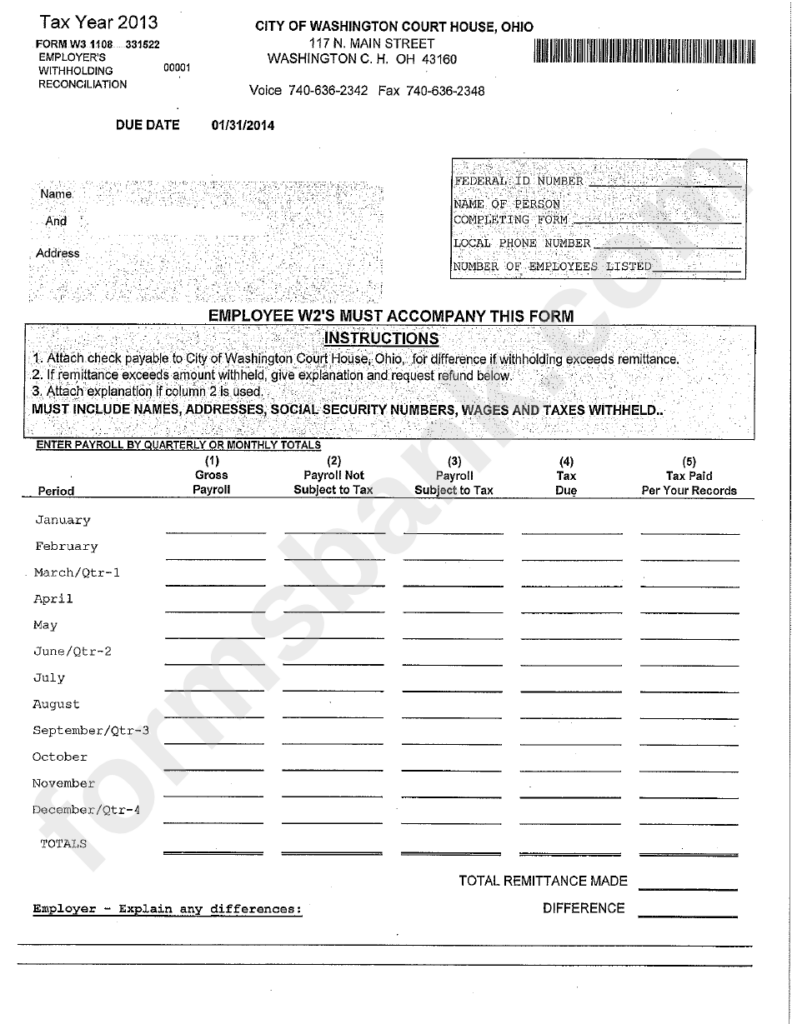 Form W3 Employer S Withholding Reconciliation City Of Washington 