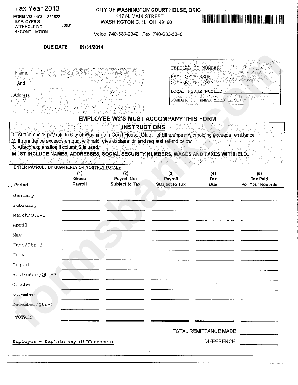 Form W3 Employer S Withholding Reconciliation City Of Washington 