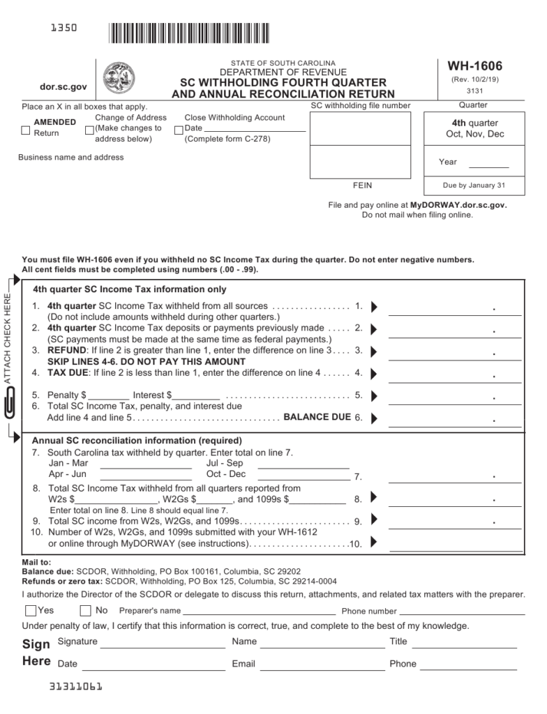 Form WH 1606 Download Printable PDF Or Fill Online Sc Withholding 