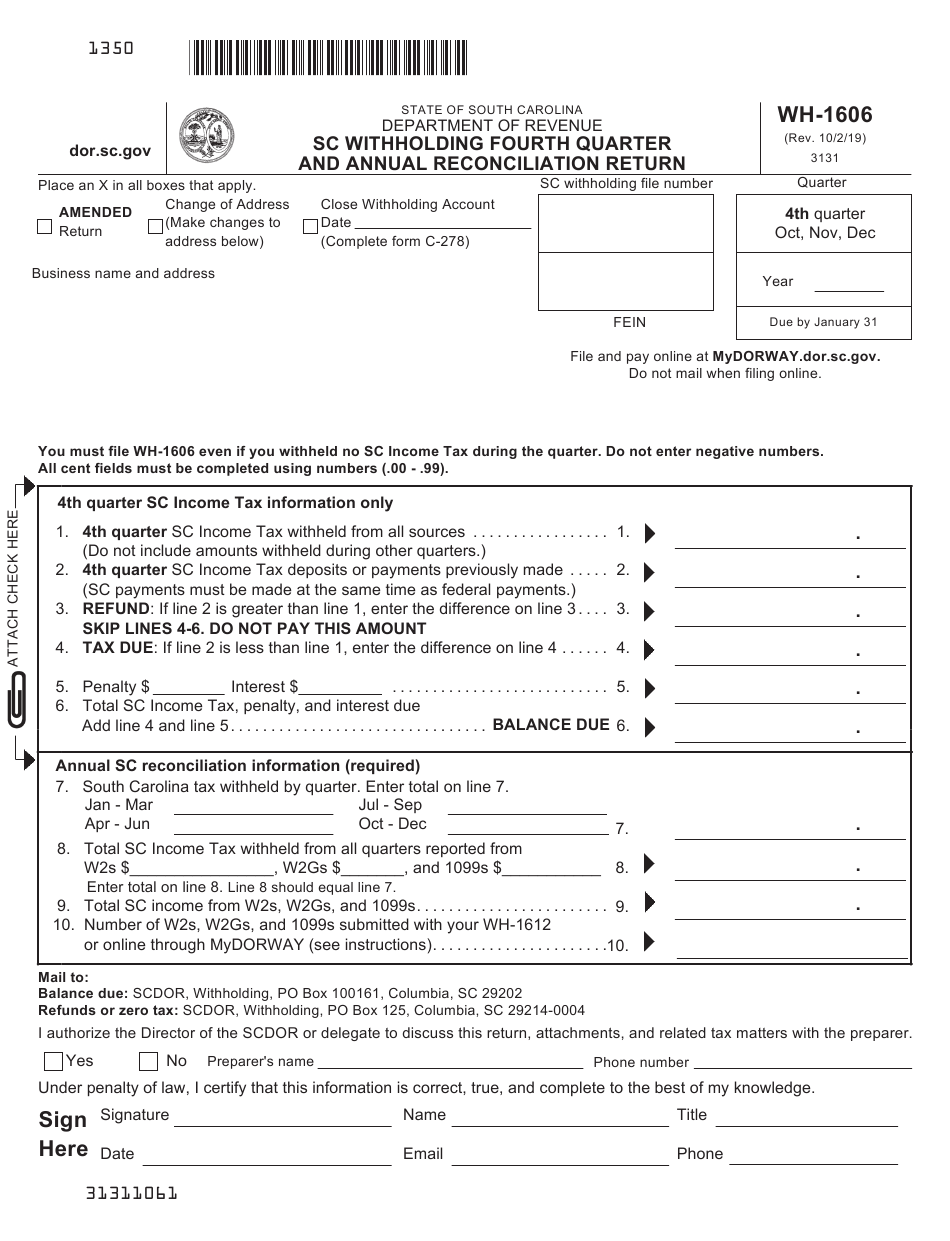 Form WH 1606 Download Printable PDF Or Fill Online Sc Withholding 