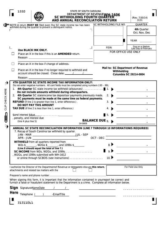 Form Wh 1606 Sc Withholding Fourth Quarter And Annual Reconciliation 