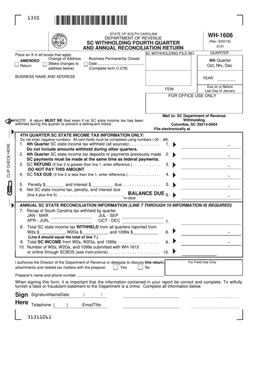 Form Wh 1606 Sc Withholding Fourth Quarter And Annual Reconciliation