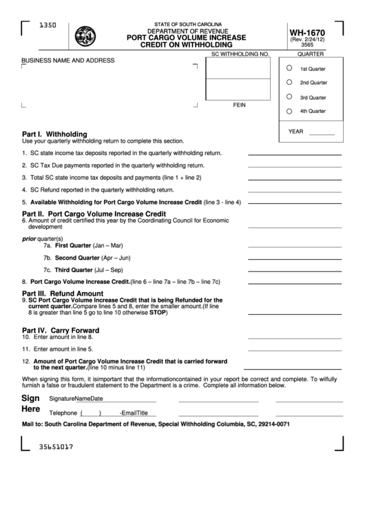 Form Wh 1670 Port Cargo Volume Increase Credit On Withholding South 