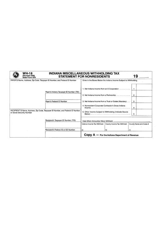 Form Wh 18 Indiana Mescellaneous Withholding Tax Statement For