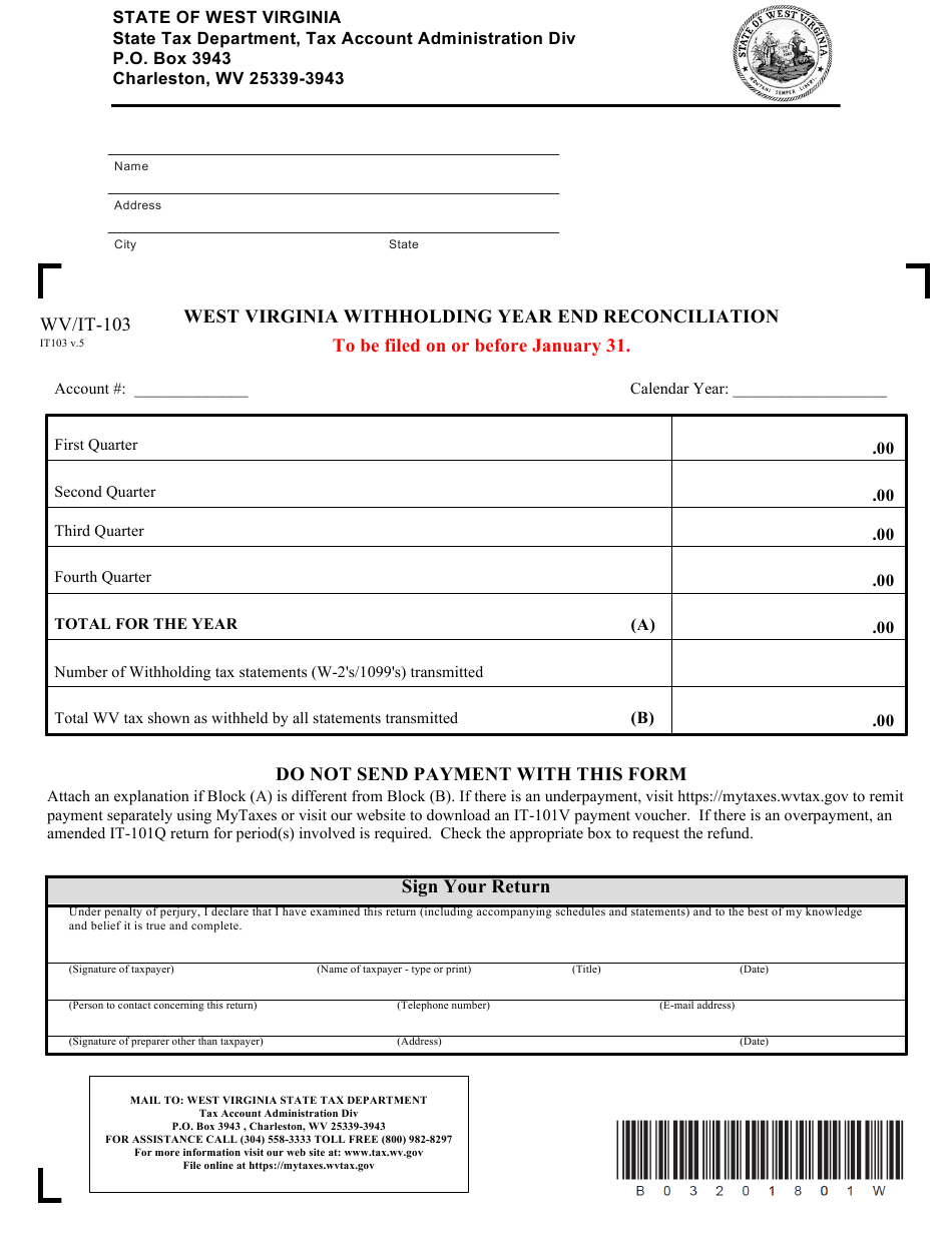 Form WV IT 103 Download Printable PDF Or Fill Online West Virginia