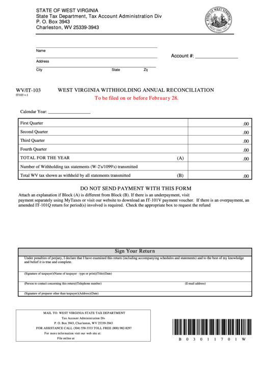 Form Wv it 103 Withholding Annual Reconciliation Printable Pdf Download