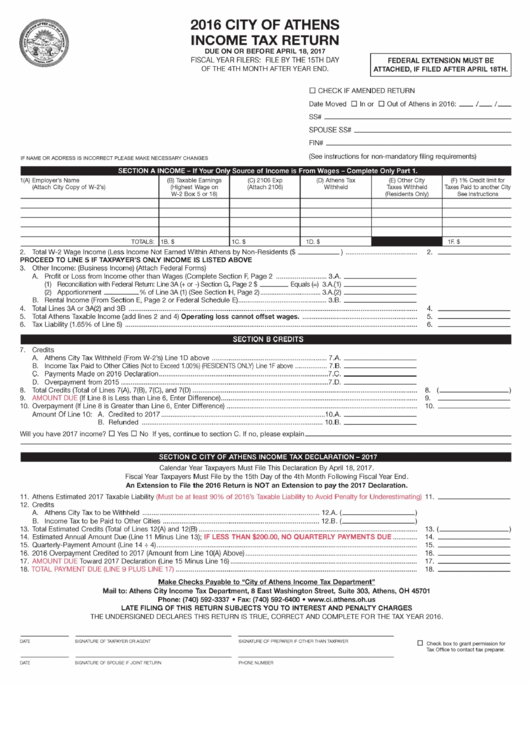 Income Tax Return Form City Of Athens 2016 Printable Pdf Download