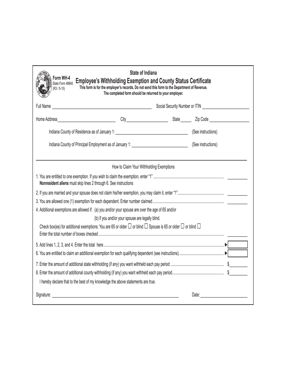 Indiana WH 4 Printable Form IN W 4 Form State Tax Withholding