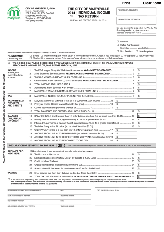 Individual Income Tax Return City Of Marysville Ohio 2014 