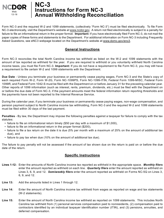 Instructions For Form Nc 3 Annual Withholding Reconciliation Download 