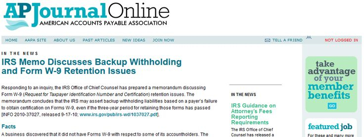 IRS Memo Discusses Backup Withholding And Form W 9 Retention Issues 