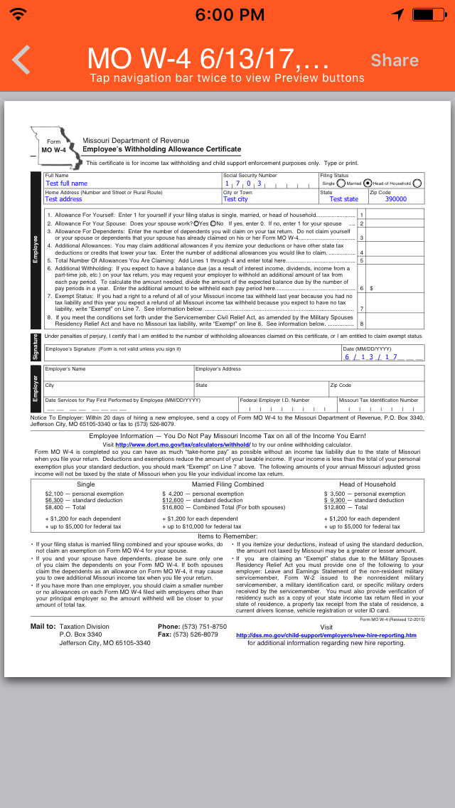 Missouri Form MO W 4 App