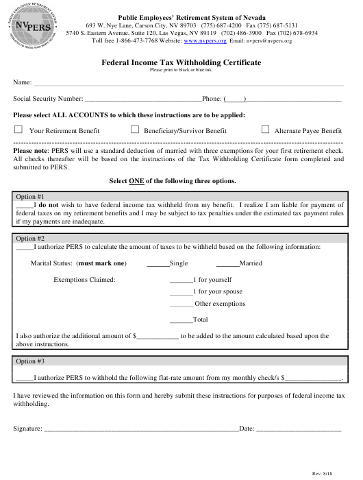 Nevada Federal Income Tax Withholding Certificate Download Fillable PDF 