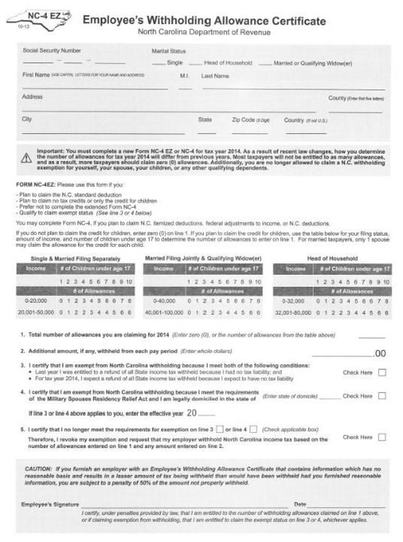 North Carolina State Withholding Form Nc 4 Ez WithholdingForm