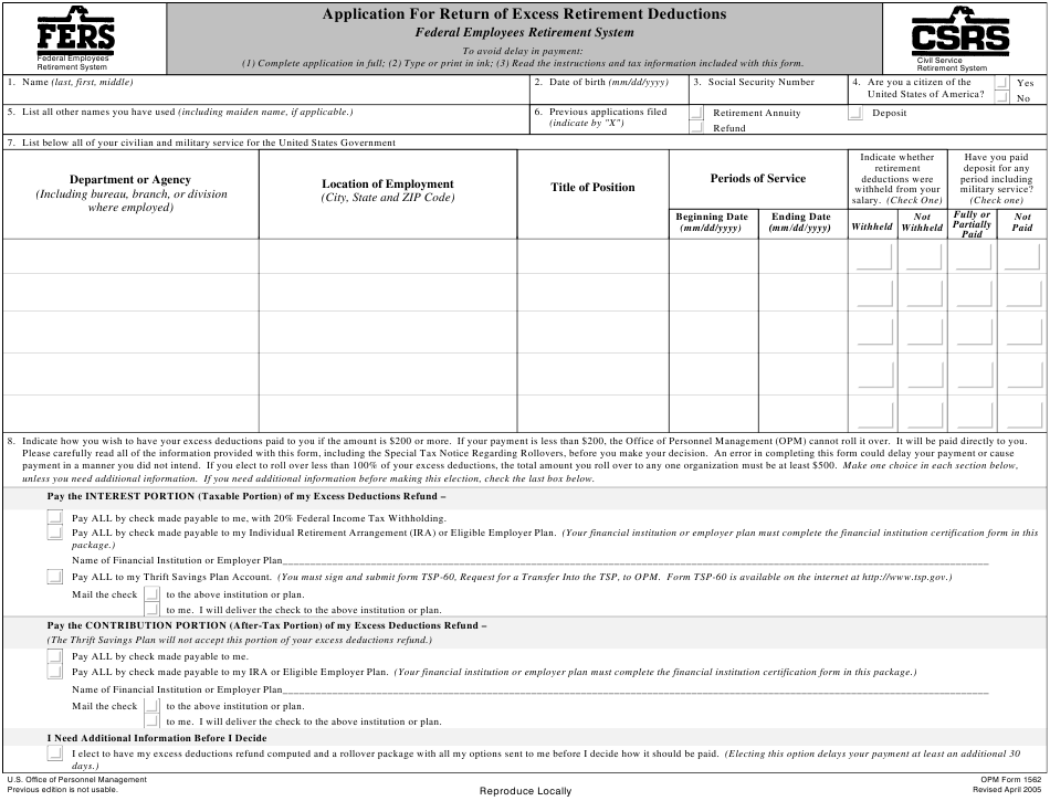 OPM Form 1562 Download Fillable PDF Or Fill Online Application For