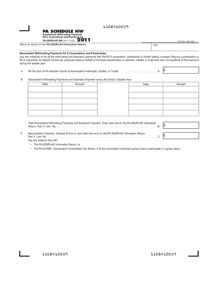 PA 20S PA 65 NW 2011 Nonresident Withholding Payments PA S 