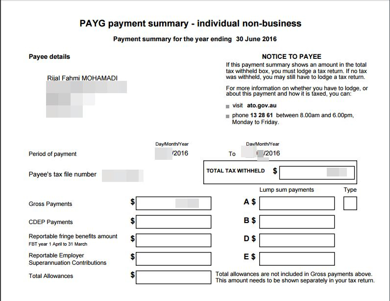 Payment Summary PAYG Dari Tempat Saya Bekerja Di Sydney Form Yang Ada