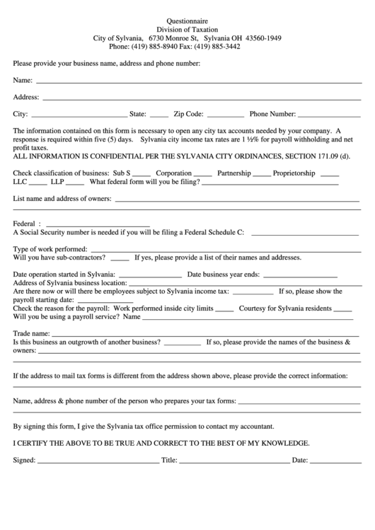 Questionnaire Form Division Of Taxation City Of Sylvania Printable 