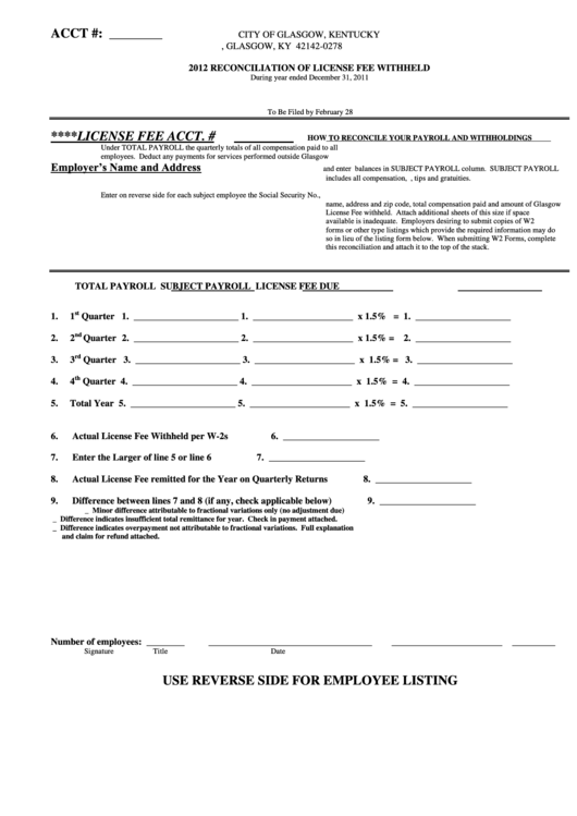 Reconciliation Of License Fee Withheld 2012 Printable Pdf Download