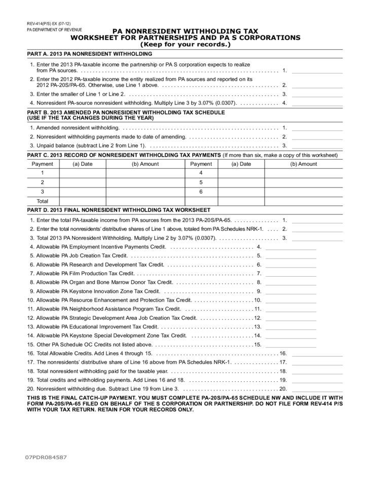 REV 414 P S 2013 PA Nonresident Withholding Tax Worksheet Free Download