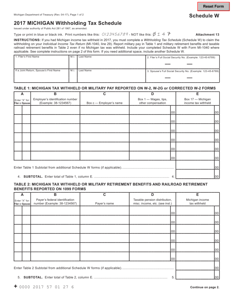 Schedule W Download Fillable PDF Or Fill Online Michigan Withholding 