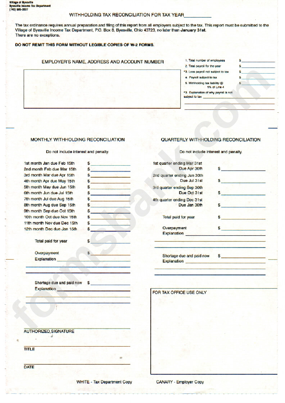 Withholding Tax Reconciliation Form Income Tax Department Byesville 