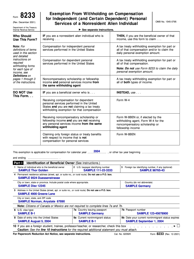 2001 Form IRS 8233 Fill Online Printable Fillable Blank PDFfiller