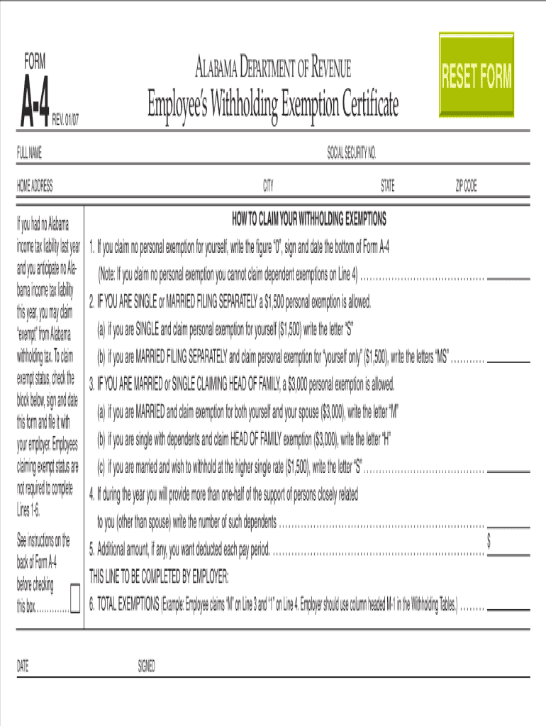 2007 Form AL DoR A 4 Fill Online Printable Fillable Blank PdfFiller