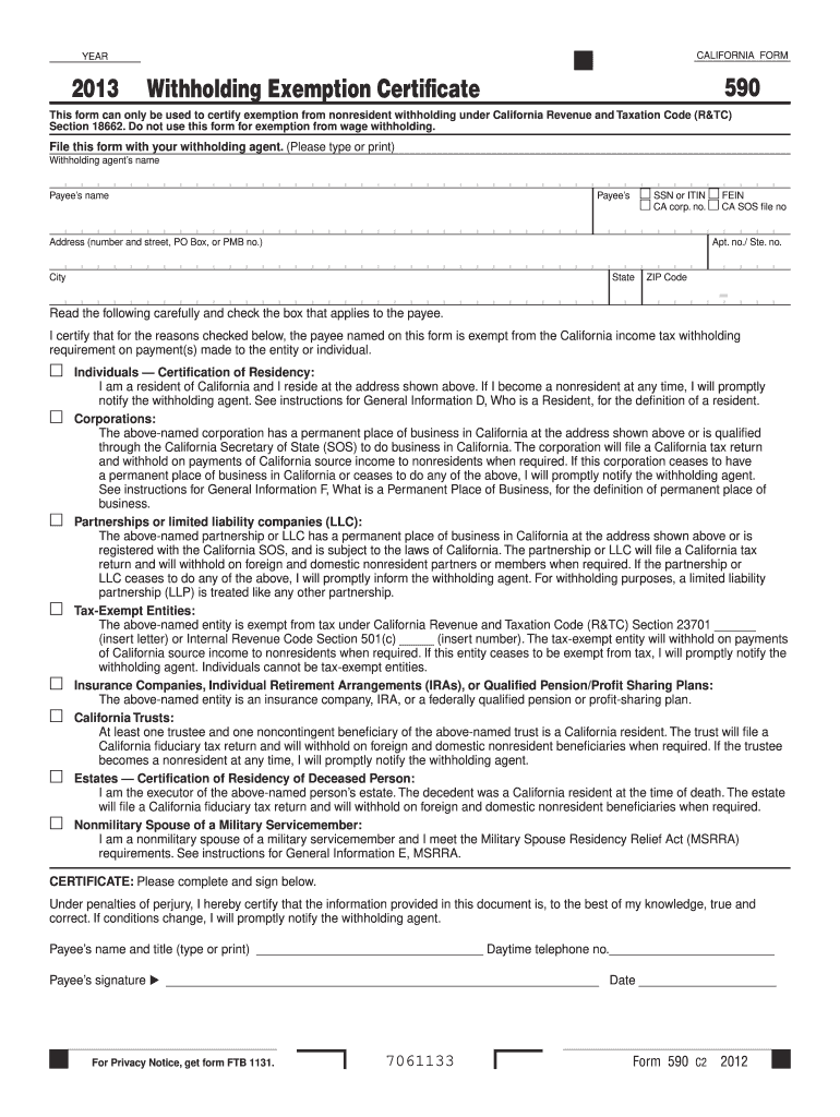 2013 Form 590 Withholding Exemption Certificate Ftb ca gov Fill 