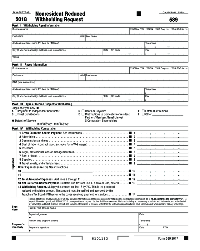 2017 Form 589 Nonresident Reduced Withholding Request Edit Fill 