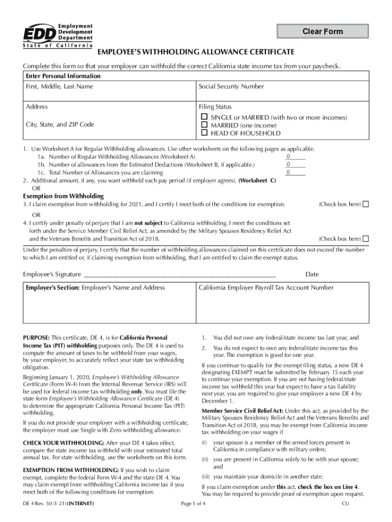 2021 Form CA DE 4 Fill Online Printable Fillable Blank PdfFiller