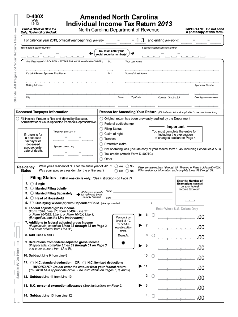 Amended North Carolina Individual Income Tax Return 2012 Dor State Nc 