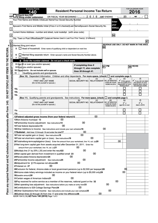 Arizona Form 140 Resident Personal Income Tax Return Printable Pdf 