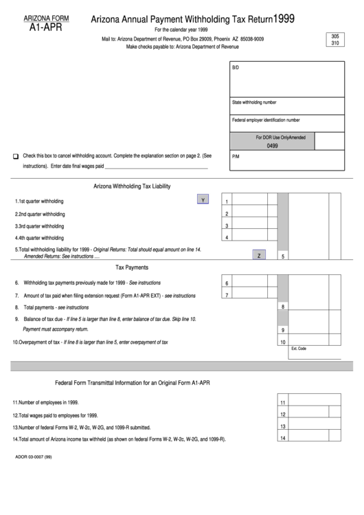 Arizona Form A1 Apr Arizona Annual Payment Withholding Tax Return 