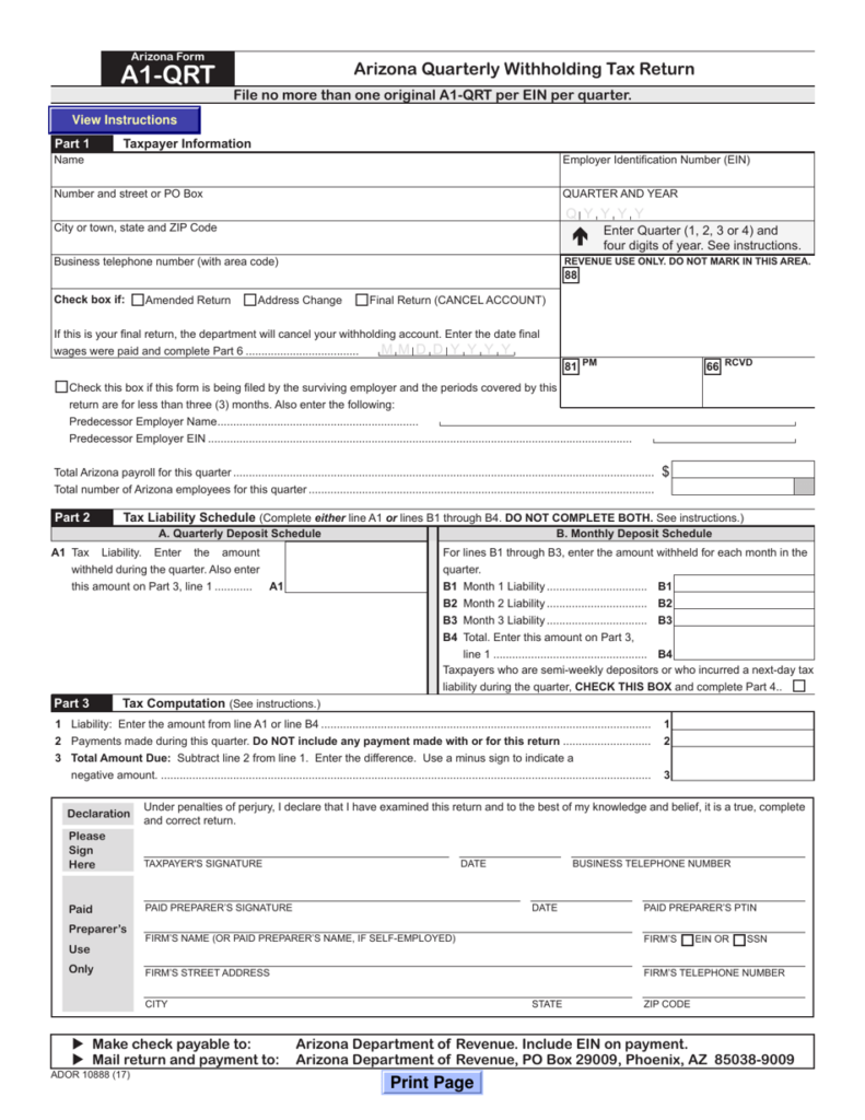 Arizona Form A1 QRT ADOR10888 Download Fillable PDF Or Fill Online 