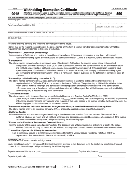 California Form 590 Withholding Exemption Certificate 2012 