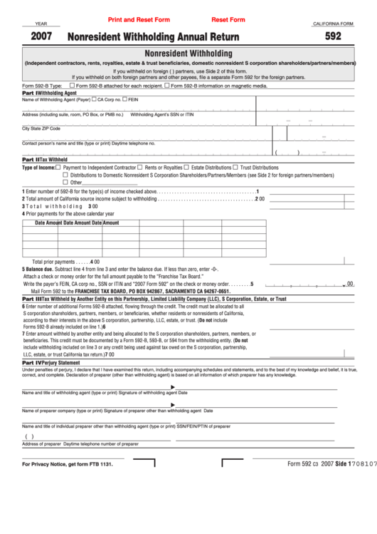 California Form 592 Nonresident Withholding Annual Return 2007 