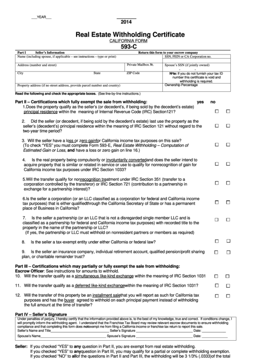 California Form 593 C Real Estate Withholding Certificate 2014 