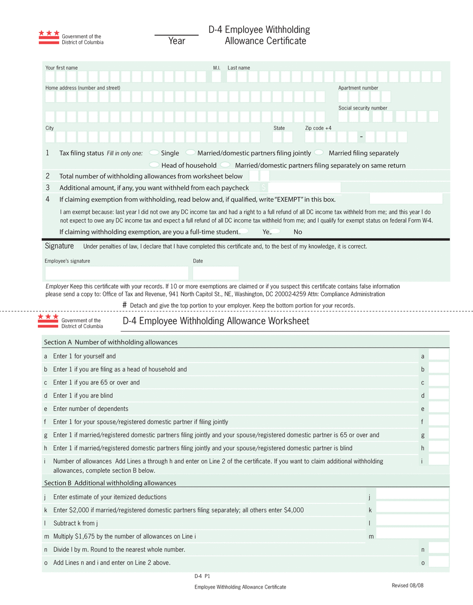 D 4 2022 Employee Withholding Allowance Certificate DC Tax 