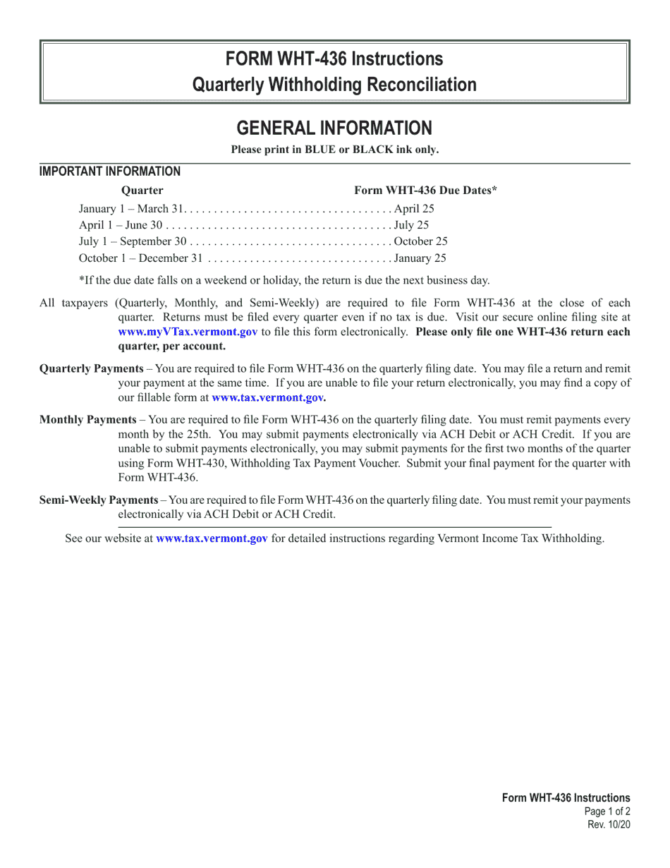 Download Instructions For VT Form WHT 436 Quarterly Withholding 