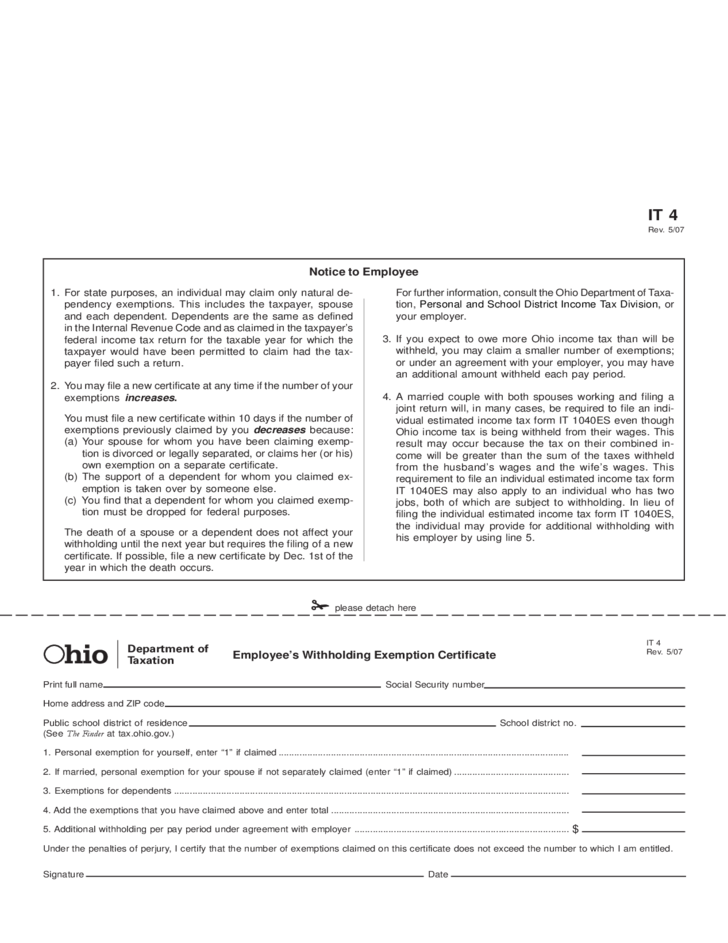 Employee S Withholding Exemption Certificate Ohio Free Download 