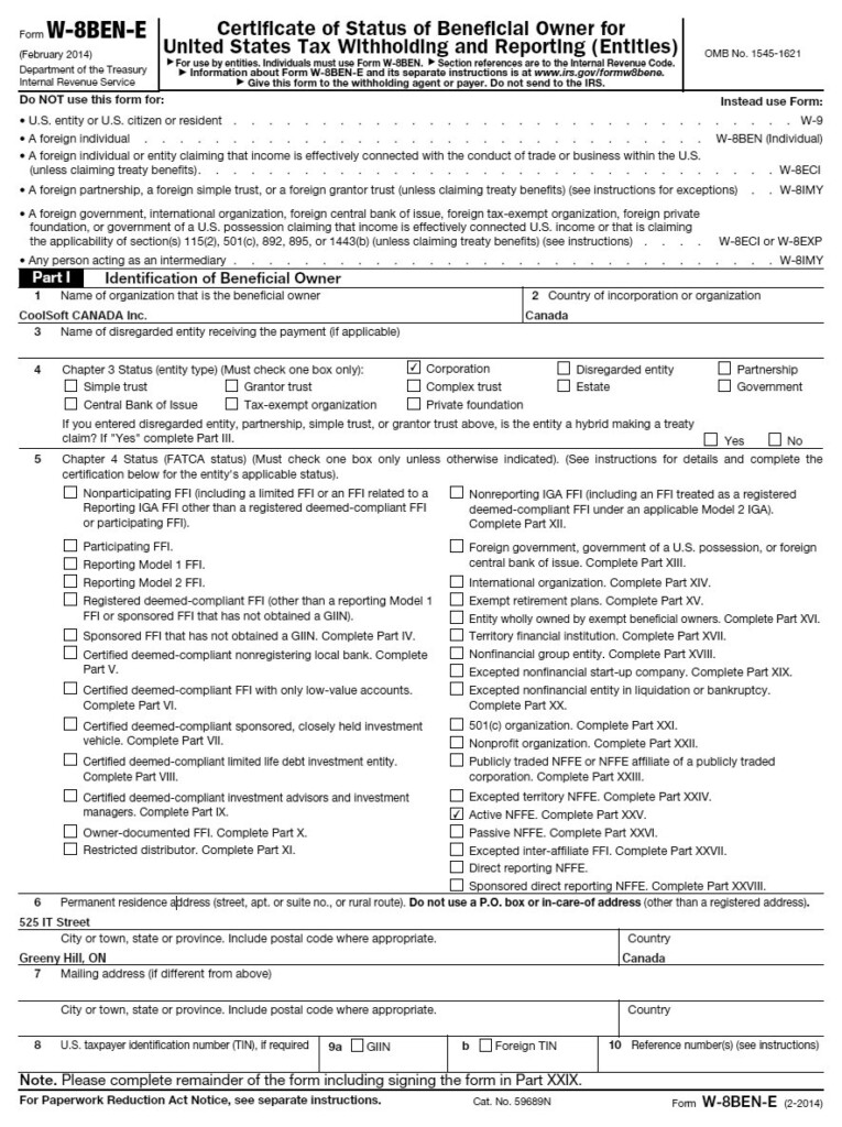 Filing Of W 8BEN E By Canadian Service Provider With A Sample