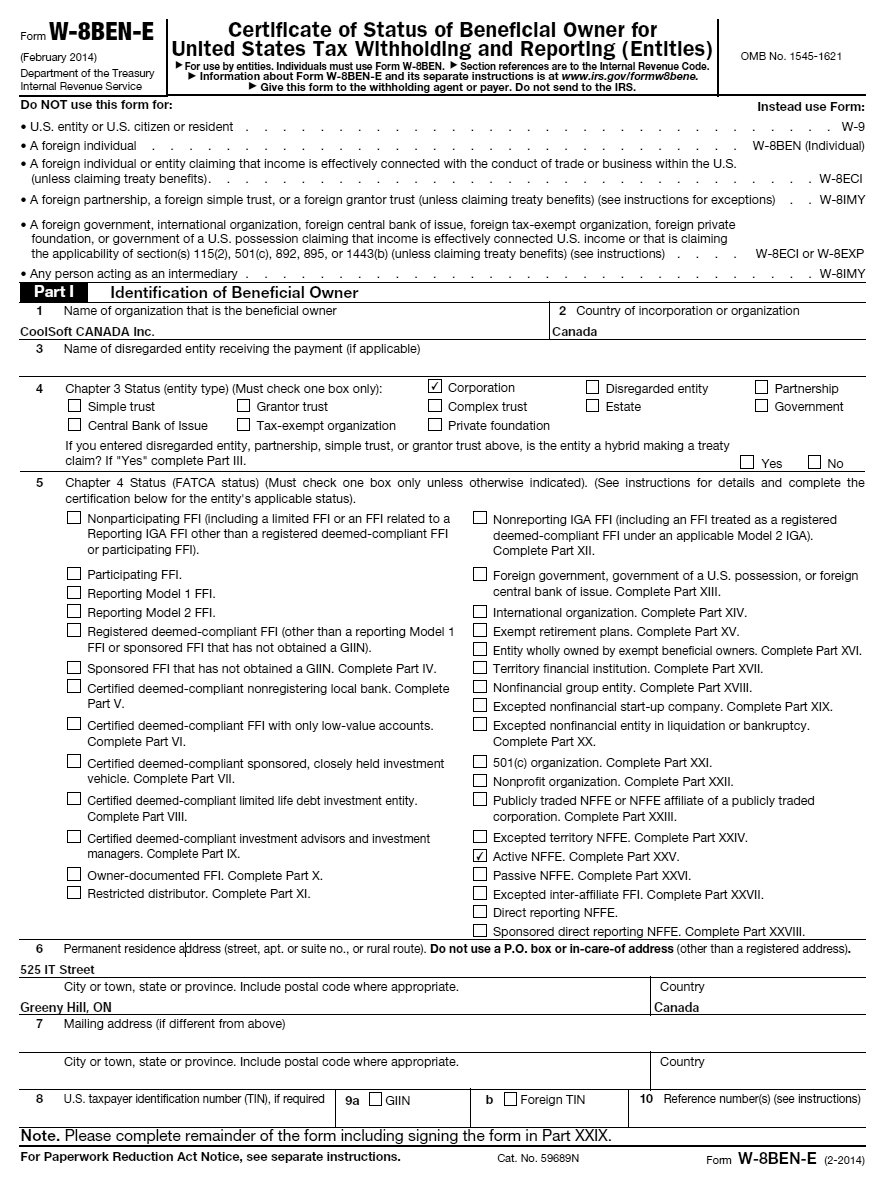 Filing Of W 8BEN E By Canadian Service Provider With A Sample